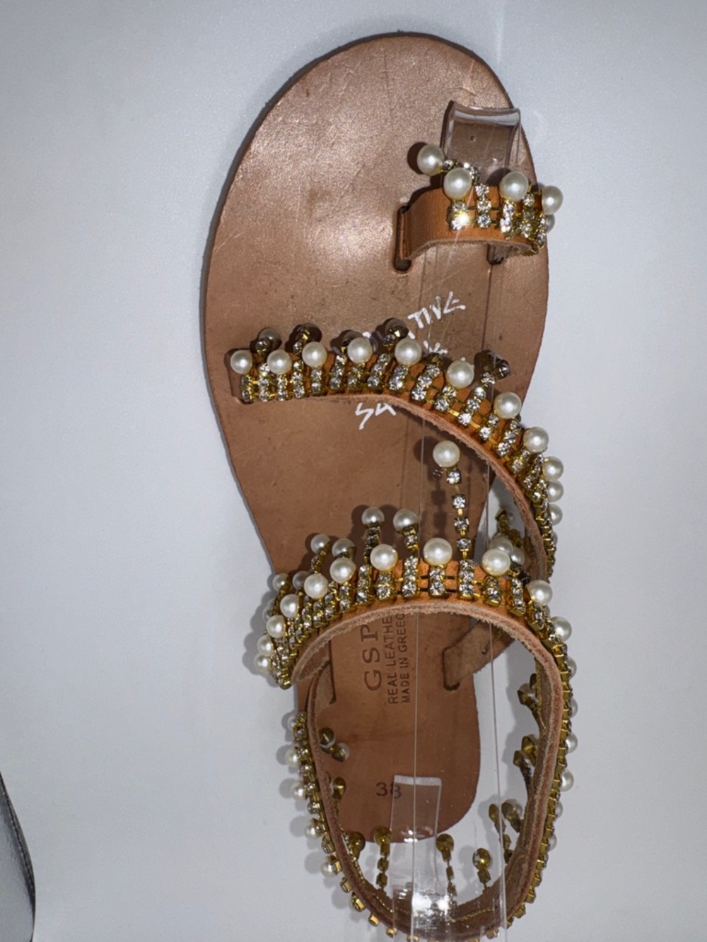 Innovative Greek Sandals GSP Real Leather Pearl Rhinestone Gold Flat Sandal - Picture 10 of 16
